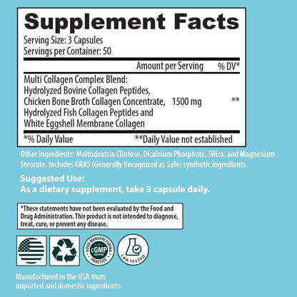 Sanar Naturals Collagen Pills Multi Collagen Complex - Type I, II, III, V, X - Extra Strength Hair Skin Nails Joints - 150 Capsules
