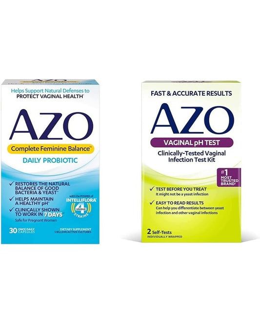 AZO Complete Feminine Balance Probiotics for Vaginal Health, 30 Count & Vaginal pH Test Kit, 2 Self-Tests