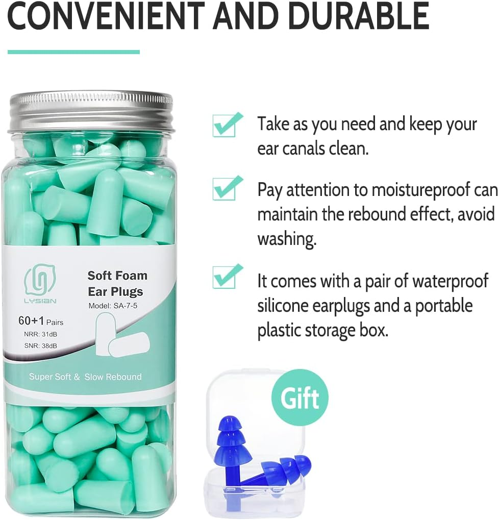 LYSIAN Ultra Soft Foam Earplugs Sleep -60 Pairs, 38dB Noise Reduction Ear Plugs for Sleeping, Work, Travel and Shooting, (Water Blue)
