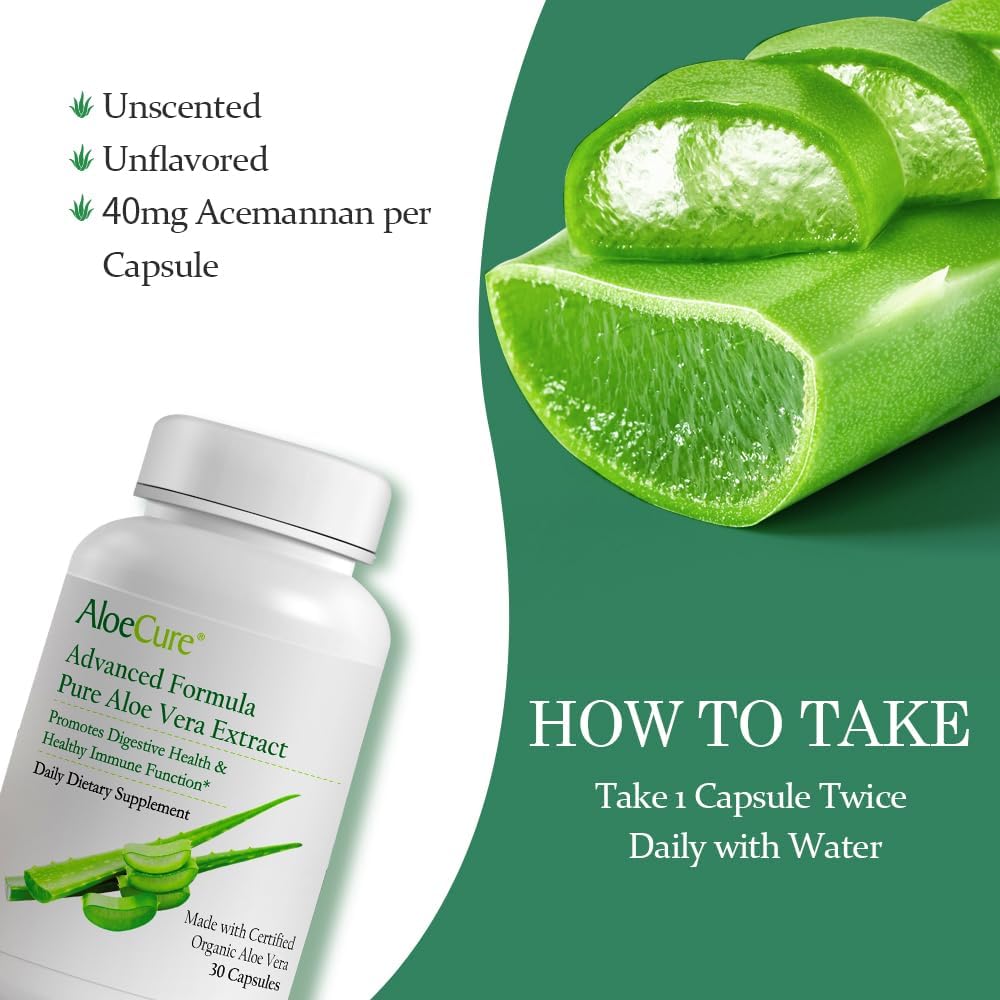 AloeCure Organic Aloe Vera Capsules, 130,000mg Equivalent per Capsule, 60 Capsules - Natural Stomach Acid Buffer - Vegan Digestive & Immune Supplement - Grown on Our Own Organic Farms - Aloin Free