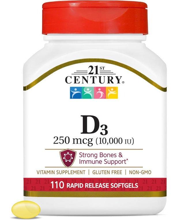 21st Century Vitamin D3 250 mcg (10,000 IU) Rapid Release Softgels, 110 Count