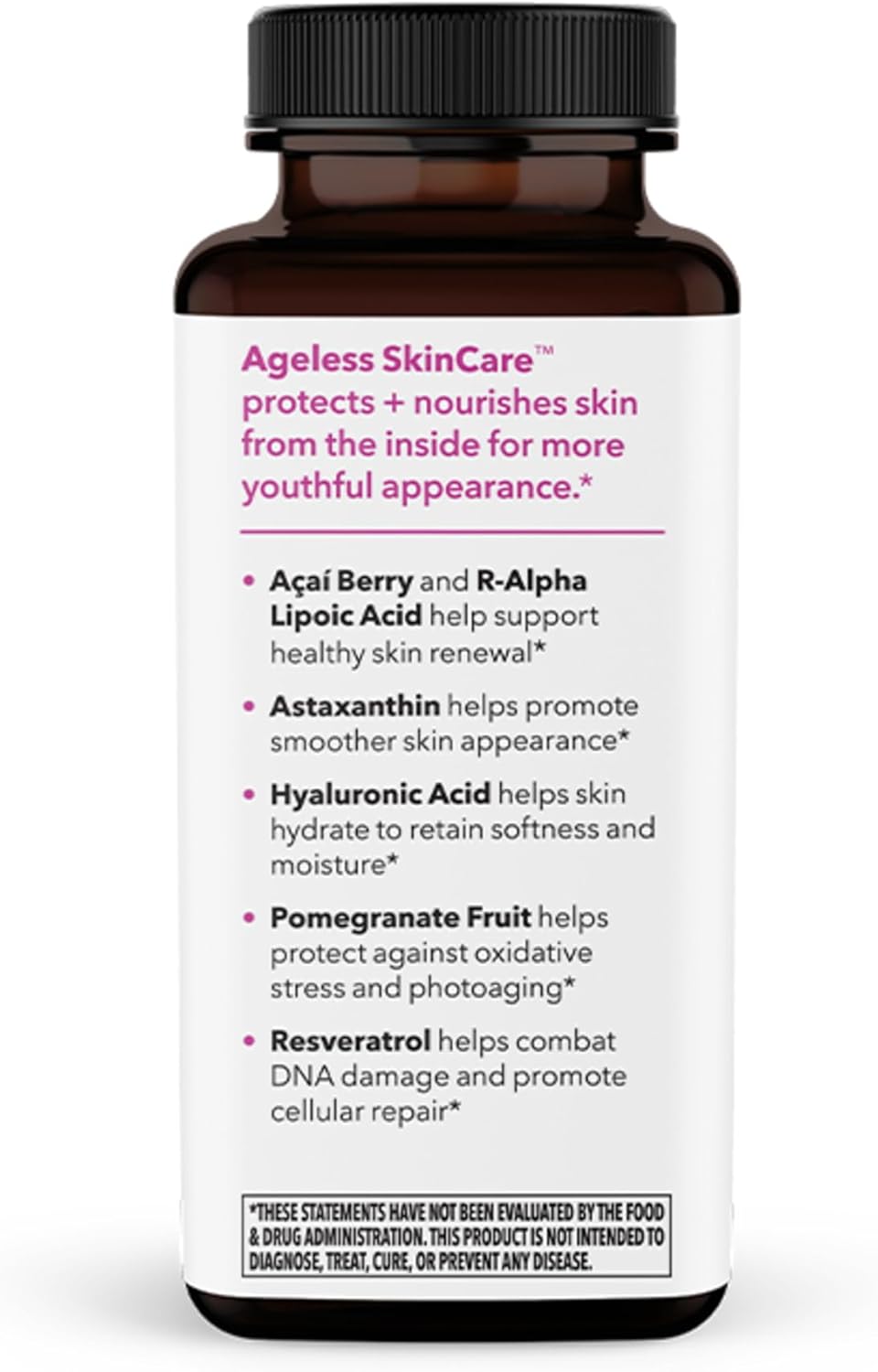 LifeSeasons - Ageless Skincare - Anti Aging Supplement - Antioxidant Complex - Fights Wrinkle Lines - Acai Berry, Astaxanthin, Resveratrol, R-Alpha Lipoic