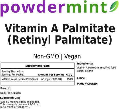 Powder Mint Vitamin A Powder (Palmitate Powder, Retinyl Palmitate Powder, Retinol Powder) 15000 IU (Multiple Sizes) Non-GMO, Vegan, Wrinkle Reduction, Skin Health - Scoop Included (250 Grams)