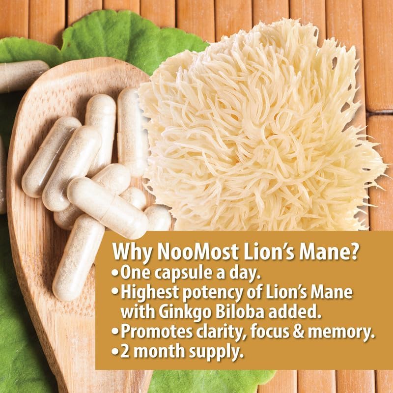 Noomost Organic Lions Mane Supplement Capsules 5400mg, Ginkgo Biloba 120mg – Vegan Lion Mane Mushroom Supplement for Cognitive Function, Mental Clarity, Focus & Memory – 2 Months