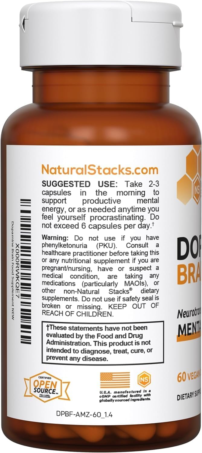 NATURAL STACKS Dopamine Focus Supplement & Memory Supplement for Brain w/ L-Tyrosine - Promotes Mental Drive, Clarity & Focus - Natural Dopamine Supplements & Mood Support Supplement, 60 Vegan Capsule