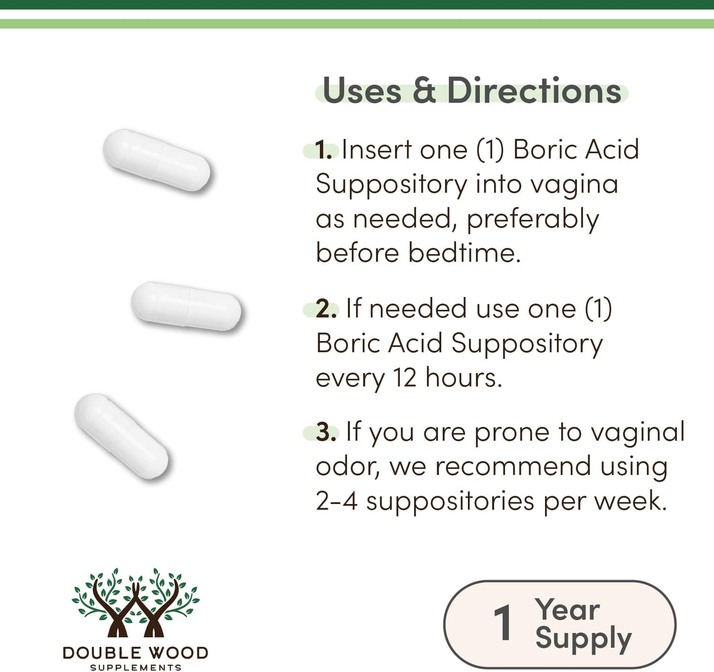 Double Wood Boric Acid 600mg, 60 Capsules