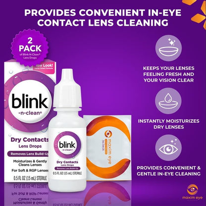 Blink-N-Clean Lens Drops 2 Pack Blink Eye Drops for Contact Lenses, 15 ml (Total 30 ml) Cleans & Moisturizes for Soft & RGP Lens Wearers