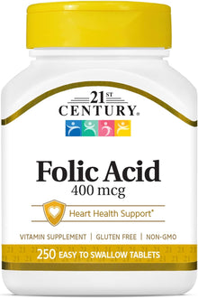 21st Century, Folic Acid, 400 mcg, 250 Easy to Swallow Tablets 21st Century
