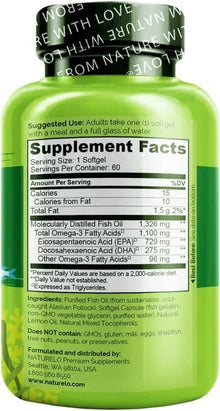 Naturelo Omega-3 Fish Oil Supplement - EPA + DHA - 1100 mg Triglyceride Omega-3 per Gel - One A Day - for Heart, Eye, Brain, Joint Health - No Burps - Lemon Flavor - 60 Softgels | 2 Month Supply NATURELO