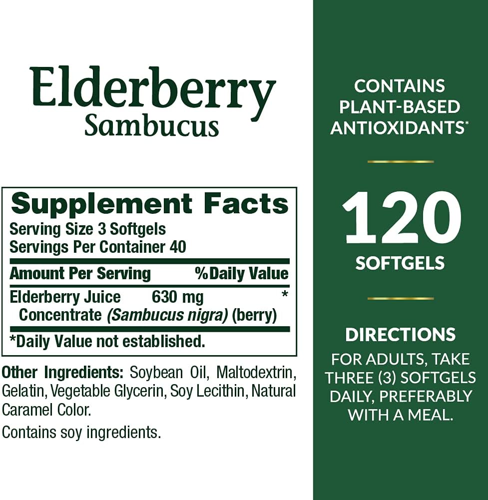 Nature's Bounty Sambucus Elderberry Herbal Supplement, Rapid Release Softgels, 630 mg per Serving, 120 Count