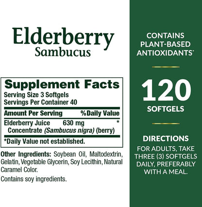 Nature's Bounty Sambucus Elderberry Herbal Supplement, Rapid Release Softgels, 630 mg per Serving, 120 Count