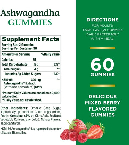 Nature's Bounty Ashwagandha Gummies, 300mg KSM-66 Ashwagandha Extract, Mixed Berry, 60 Gummies