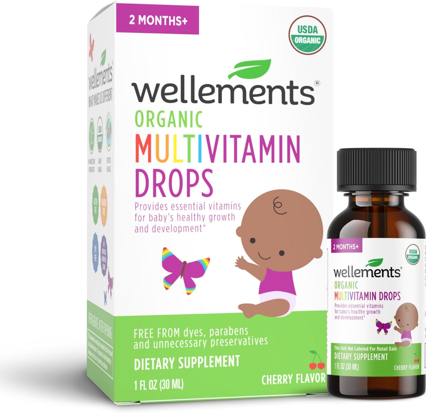 Wellements Organic Multivitamin Drops, 1 Fl Oz, Baby Liquid Vitamin Supplement for Infants & Toddlers, Provides Daily dose of Vitamins A,B,C,D & E.* No Artificial Colors or Unnecessary Preservatives