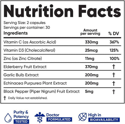 Immuneti - Advanced Immune Defense, 6-in-1 Powerful Blend of Vitamin C, Vitamin D3, Zinc, Elderberries, Garlic Bulb, Echinacea - Supports Overall Health, Provides Vital Nutrients & Antioxidants 60ct