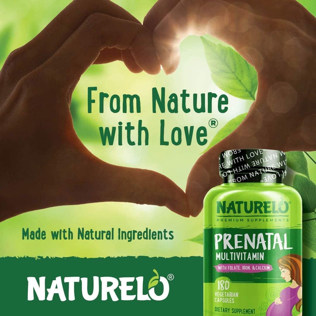 NATURELO Prenatal Multivitamin with Gentle Chelated Iron, Methyl Folate, Plant Calcium & Choline - Vegan, Vegetarian - Non-GMO - Gluten Free - 180 caps