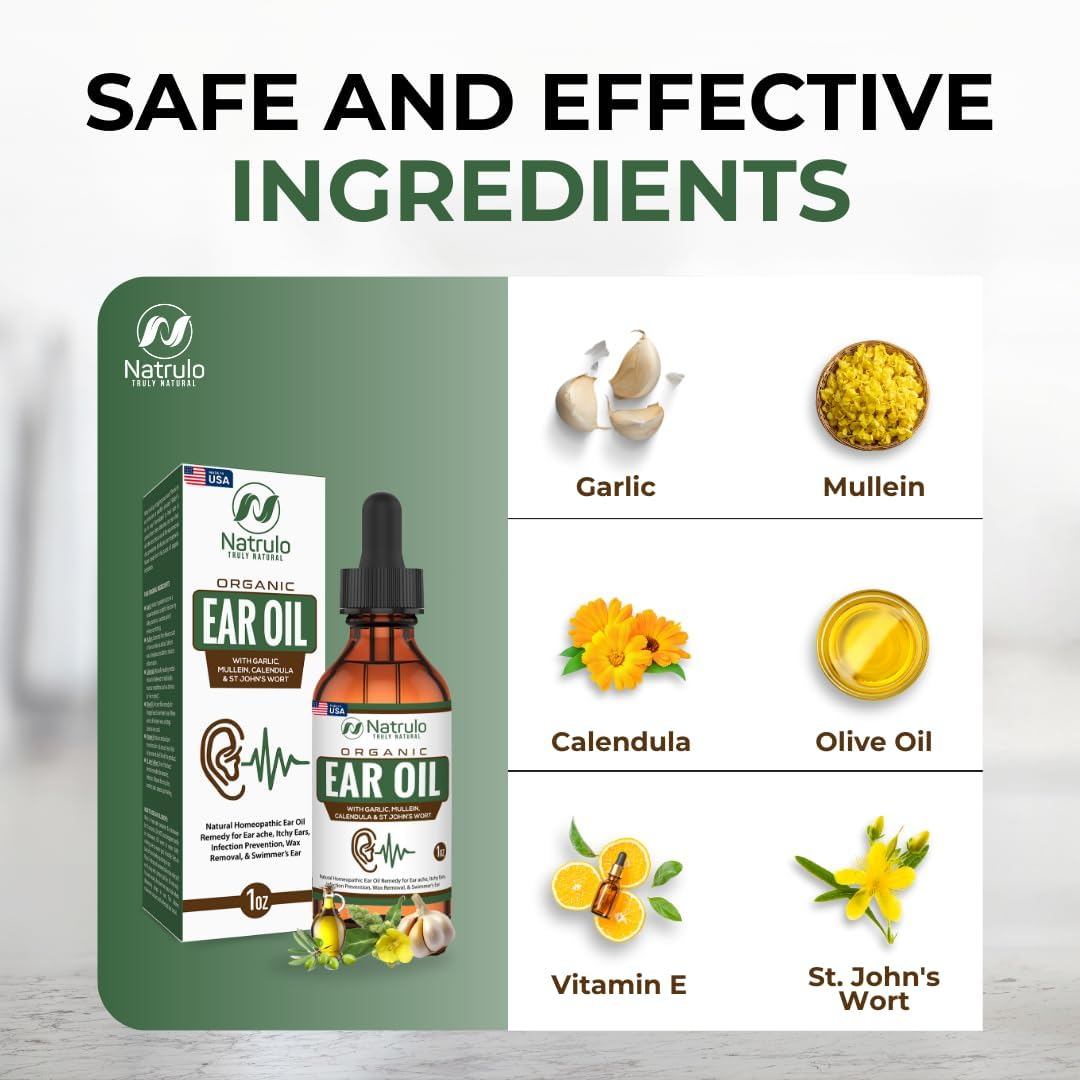 Natrulo Organic Ear Oil for Ear Infections Natural Eardrops for Infection Prevention, Swimmer's Ear & Wax Removal Adults, Baby, Children, Pets Earache Remedy with Mullein, Garlic, Calendula, Made in USA.