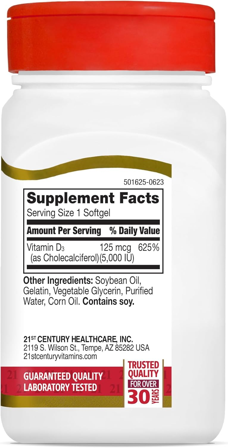 21st Century Healthcare Vitamin D3 125 mcg (5,000 IU) Rapid Release Softgels, 110 Count