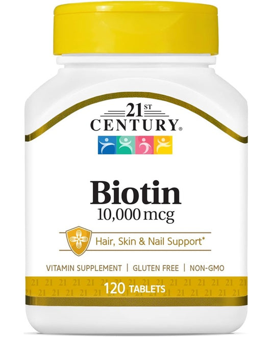 21st Century Biotin Tablets, 10,000 mcg, Unflavored 120 Count