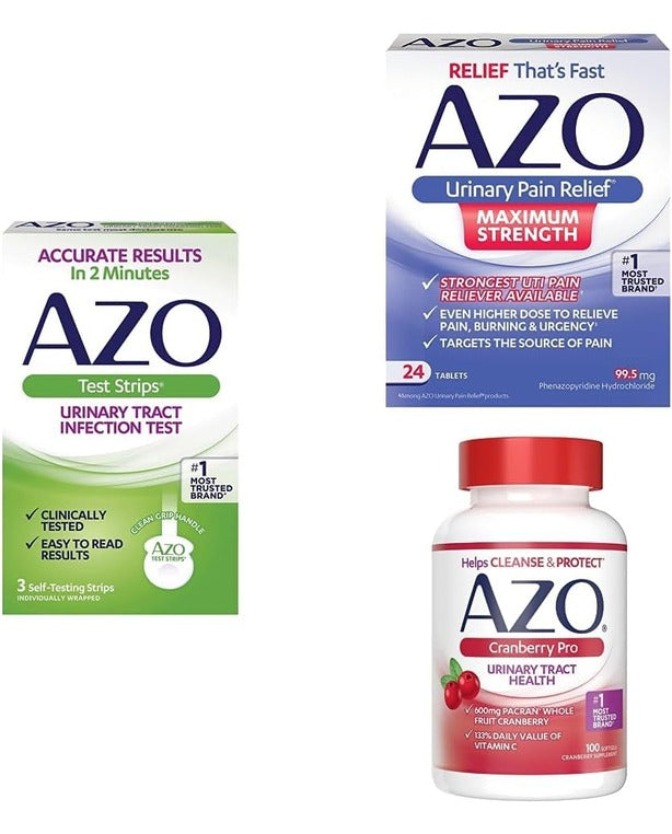 AZO UTI Pain Relief Bundle UTI Test Strips 3ct, Urinary Pain Relief Max Strength 24ct, Cranberry Pro Supplement 100ct