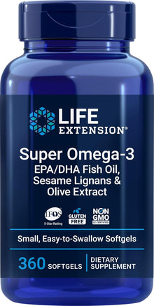 Life Extension Super Omega-3 360 Softgels, Easy to Swallow, EPA/DHA Omega3 Fish Oil, Sesame Lignans & Olive Extract Life Extension