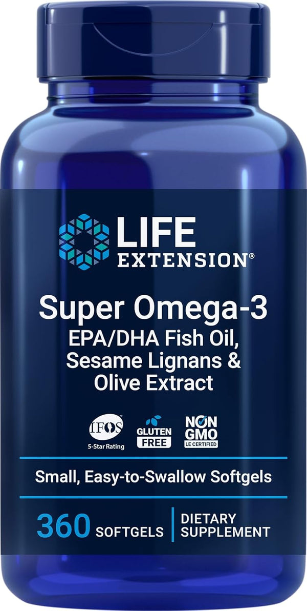 Life Extension Super Omega-3 360 Softgels, Easy to Swallow, EPA/DHA Omega3 Fish Oil, Sesame Lignans & Olive Extract Life Extension