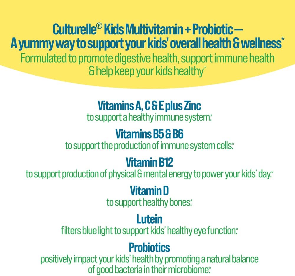 Culturelle Kids Multivitamin + Probiotic for Kids (Ages 2+) - 60 Count, Peach-Orange & Mixed Berry Flavor - Digestive Health & Immune Support Gummies with Lutein to Support Eye Health