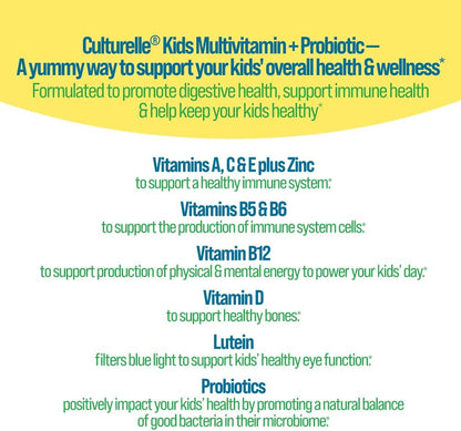Culturelle Kids Multivitamin + Probiotic for Kids (Ages 2+) - 60 Count, Peach-Orange & Mixed Berry Flavor - Digestive Health & Immune Support Gummies with Lutein to Support Eye Health