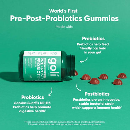 Goli Pre + Post + Probiotics Gummies - 60 Count - World’s First 3-in-1 Gluten-Free, Vegan, Non-GMO, and Gelatin-Free.