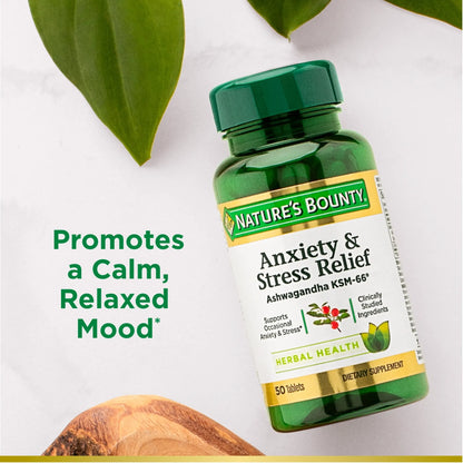 Nature’s Bounty Anxiety & Stress Relief Ashwagandha KSM 66, L-Theanine, Dietary Supplement, Tablets, 50 Ct