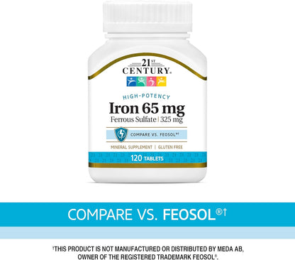 21st Century Iron 65 mg Ferrous Sulfate 325 mg Tablets, 120 Count