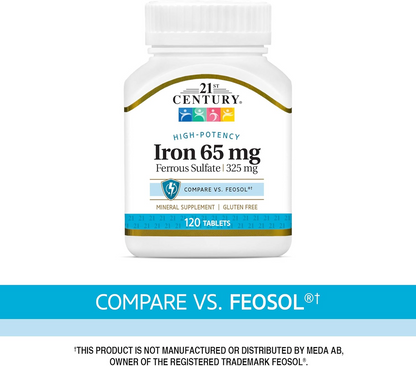21st Century Iron 65 mg Ferrous Sulfate 325 mg Tablets, 120 Count