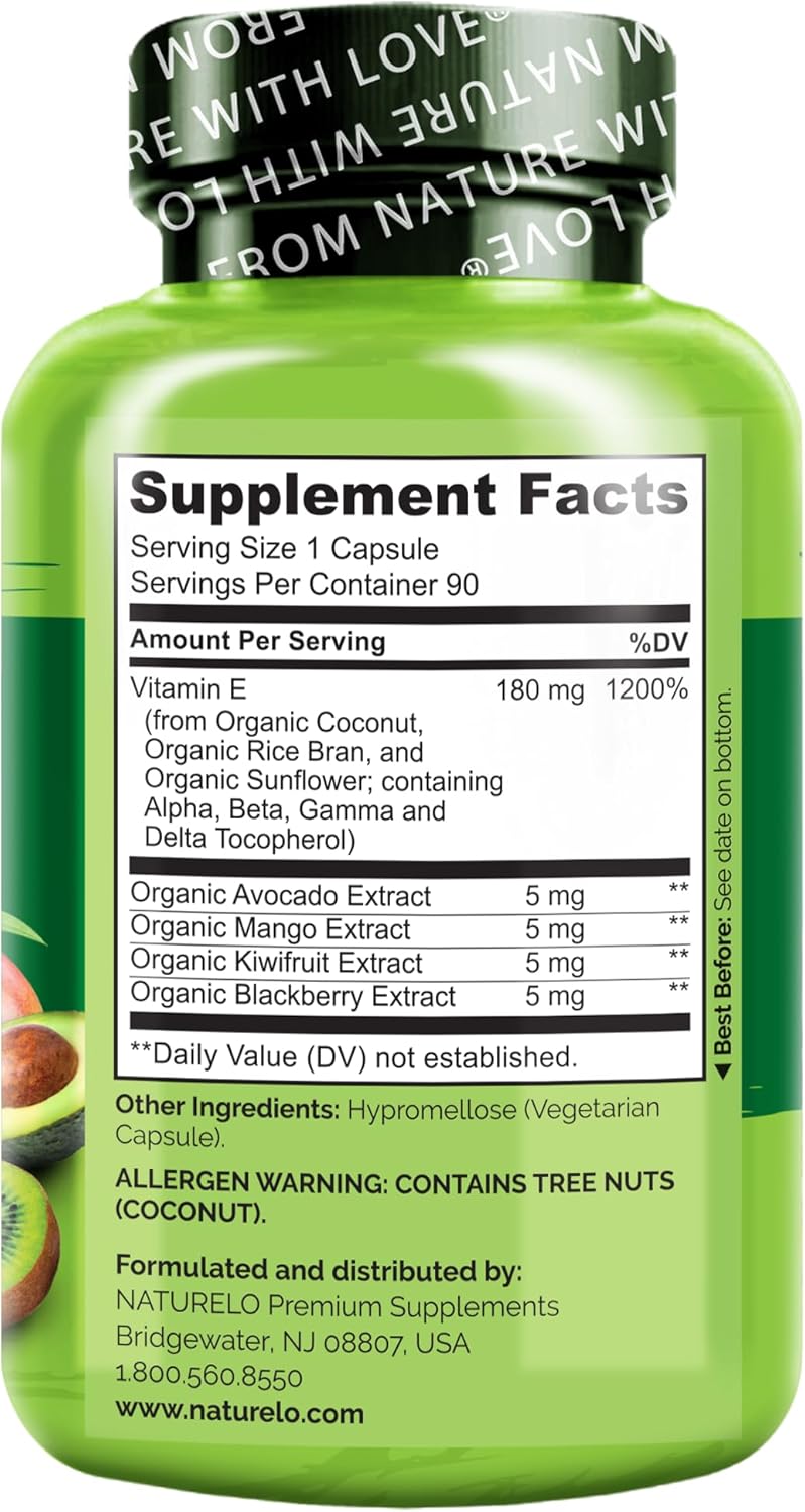 NATURELO Vitamin E - 180 mg (300 IU) of Natural Mixed Tocopherols from Organic Whole Foods - Supplement for Healthy Skin, Hair, Nails, Immune & Eye Health - Non-GMO, Soy Free - 90 Vegan Capsules