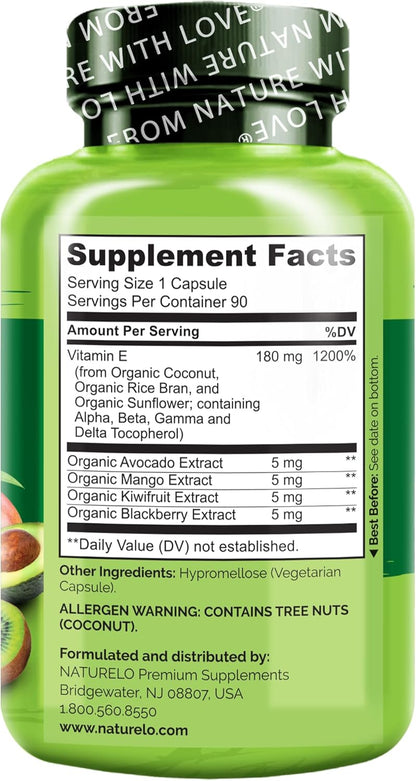 NATURELO Vitamin E - 180 mg (300 IU) of Natural Mixed Tocopherols from Organic Whole Foods - Supplement for Healthy Skin, Hair, Nails, Immune & Eye Health - Non-GMO, Soy Free - 90 Vegan Capsules