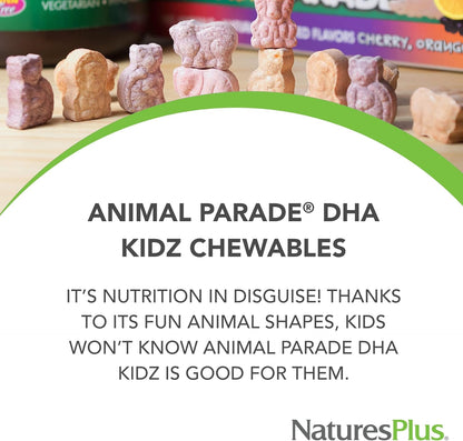 NaturesPlus Animal Parade DHA Children's Chewables - Natural Cherry Flavor - 90 Chewable Animal-Shaped Tablets - Omega 3 Fatty Acid Supplement - Gluten Free - 30 Servings