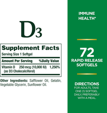 Nature's Bounty vitamin D3, 250mcg (10,000IU) - 72 rapid release softgels