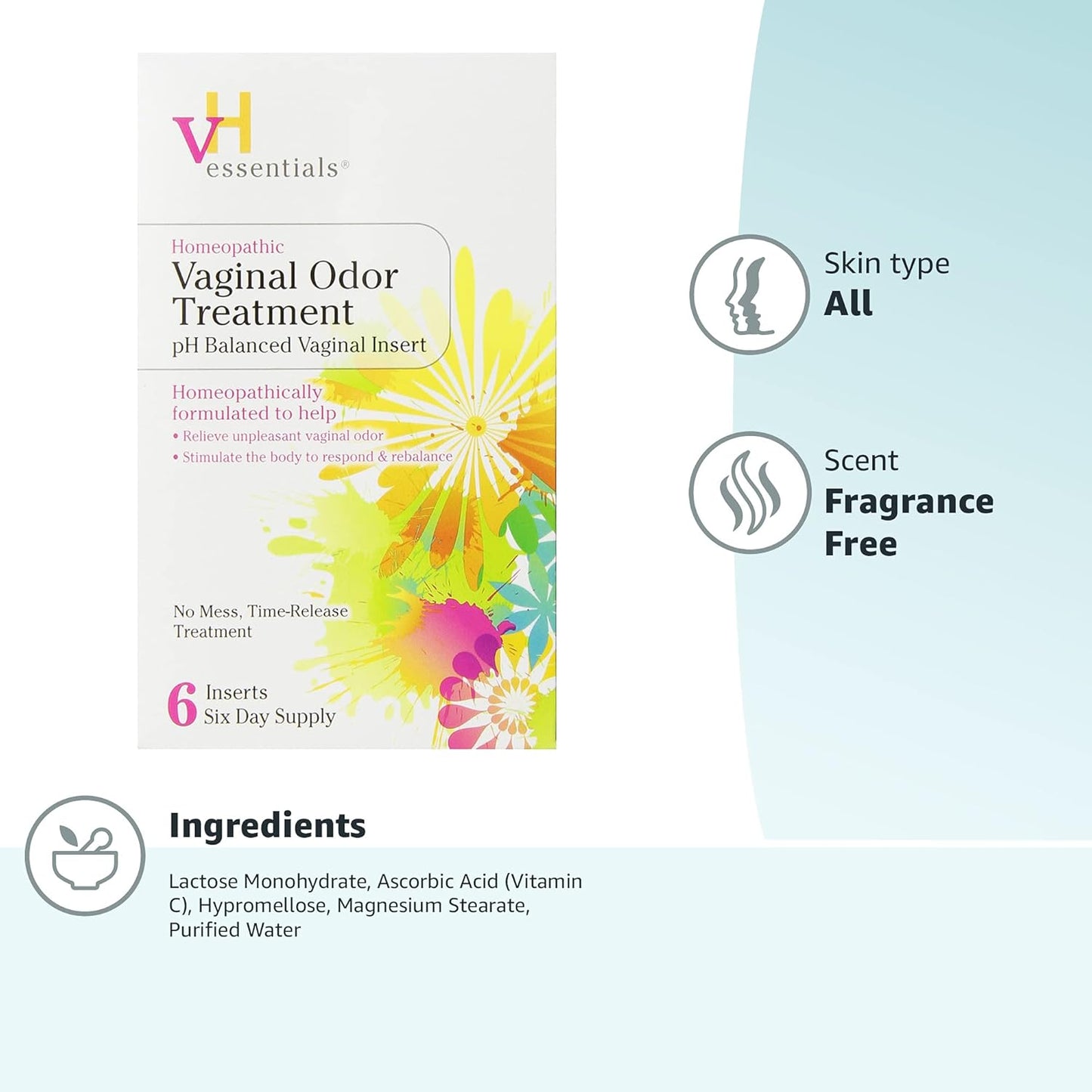 vH essentials Vaginal Odor Treatment - pH Balanced Vaginal Suppositories - 6 Tablets With Applicator