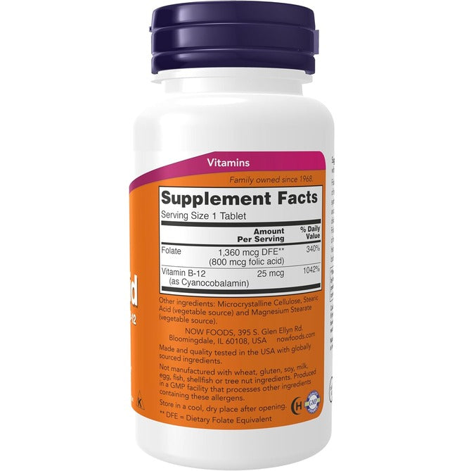 NOW Foods, Folic Acid, 800 mcg, with vitamin B12 250 Tablets