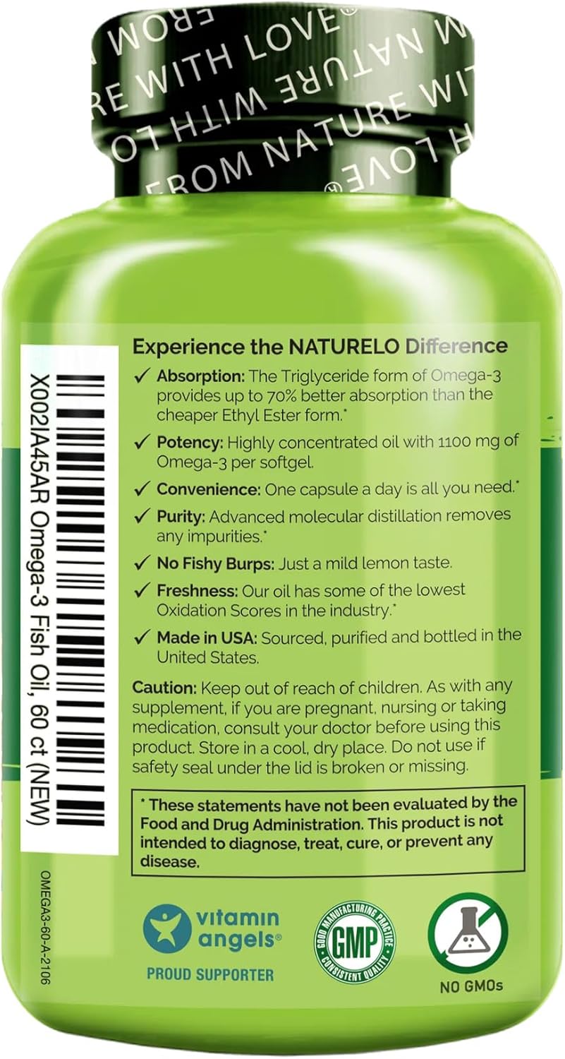 Naturelo Omega-3 Fish Oil Supplement - EPA + DHA - 1100 mg Triglyceride Omega-3 per Gel - One A Day - for Heart, Eye, Brain, Joint Health - No Burps - Lemon Flavor - 60 Softgels | 2 Month Supply