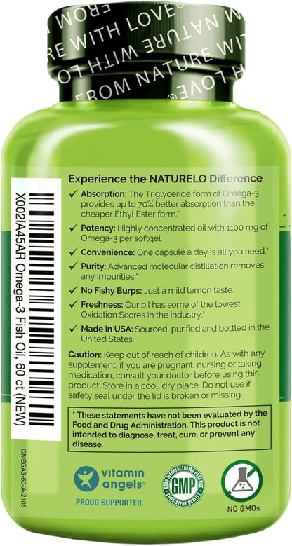 Naturelo Omega-3 Fish Oil Supplement - EPA + DHA - 1100 mg Triglyceride Omega-3 per Gel - One A Day - for Heart, Eye, Brain, Joint Health - No Burps - Lemon Flavor - 60 Softgels | 2 Month Supply