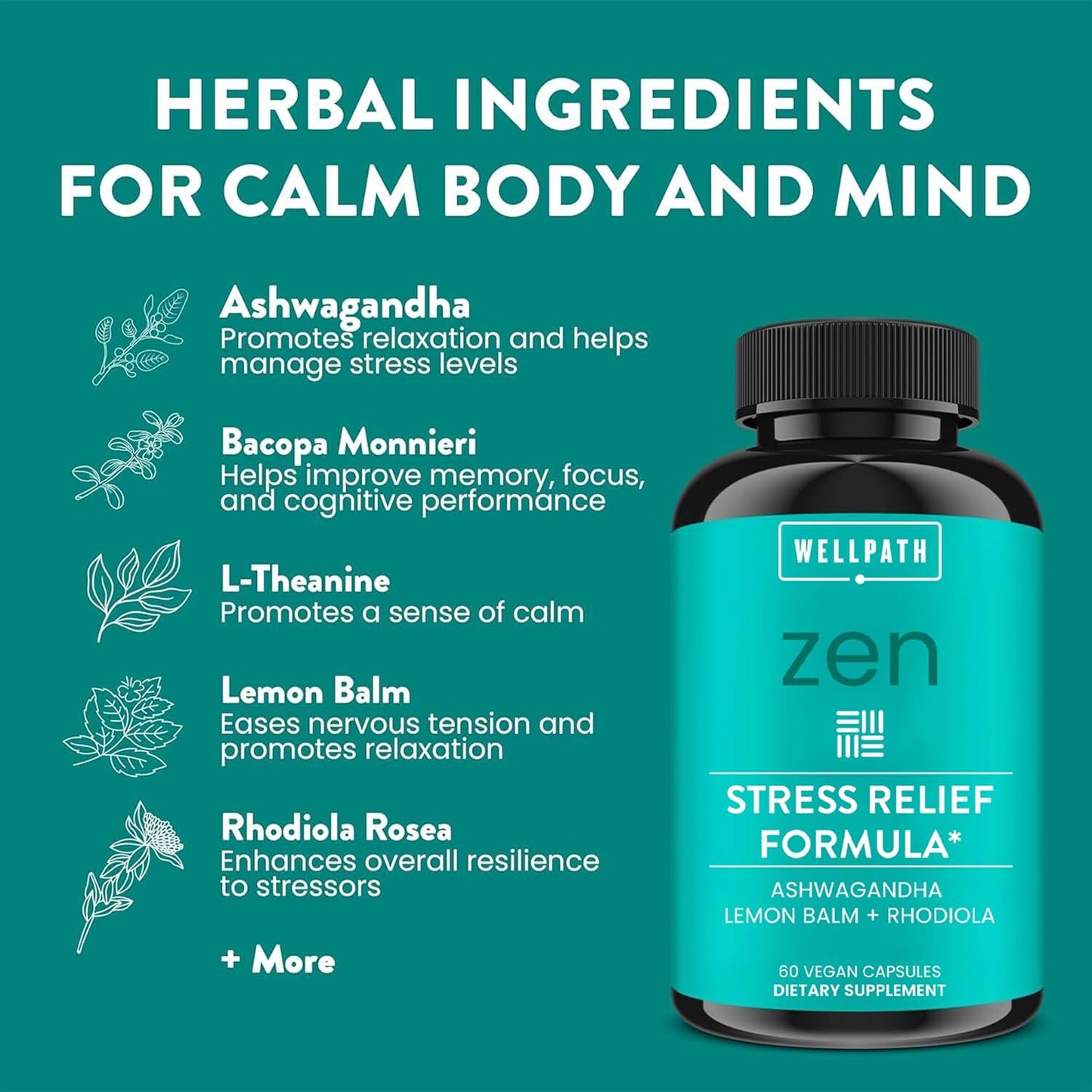 WellPath Zen Stress Relief Supplement + Mood Support | Calm, Stress & Energy Support - 60 Ct