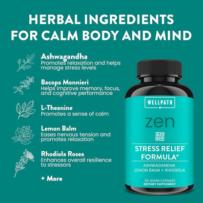 WellPath Zen Stress Relief Supplement + Mood Support | Calm, Stress & Energy Support - 60 Ct