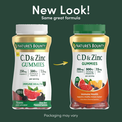 Nature's Bounty C, D, & Zinc Gummies, Immune Support Gummies for Adults, Citrus Berry, 70 Ct