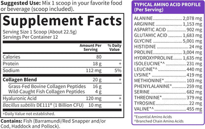 Garden of Life Marine & Grass-Fed Collagen Peptides Powder Supplement (Type I, III) with Probiotics, BCAAs & Hyaluronic Acid for Radiant Hair, Skin & Nails – Unflavored, 20g per Serving, 12 Servings