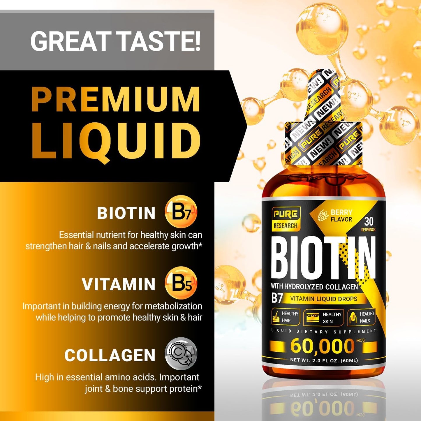 PURE RESEARCH Liquid Biotin & Collagen Hair Growth Drops 50,000 mcg Glowing Skin, Hair & Nail