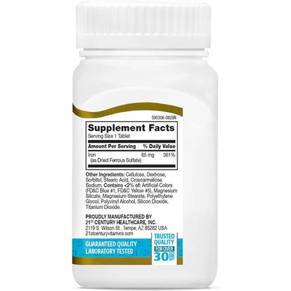 21st Century Iron 65 mg Ferrous Sulfate 325 mg Tablets, 120 Count