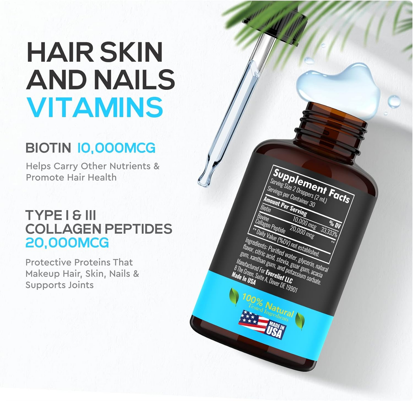 Everelief Liquid Collagen & Biotin Drops 30,000 mcg for Hair Growth Biotin & Collagen Supplements for Hair, Skin & Nails 2 fl oz