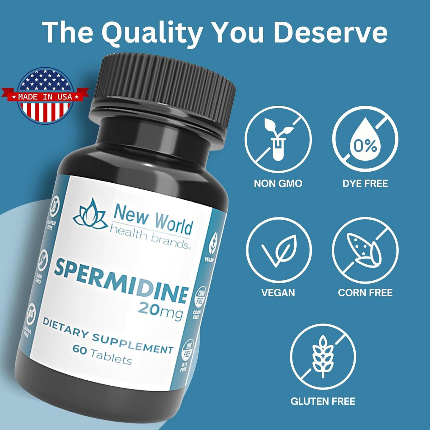 New World Health Pure Spermidine 20mg Supplement - High Potency Fast Absorption - Anti-Aging Fertility and Reproductive Health Support for Men Women - 60 Tablets - Non-GMO, Gluten-Free