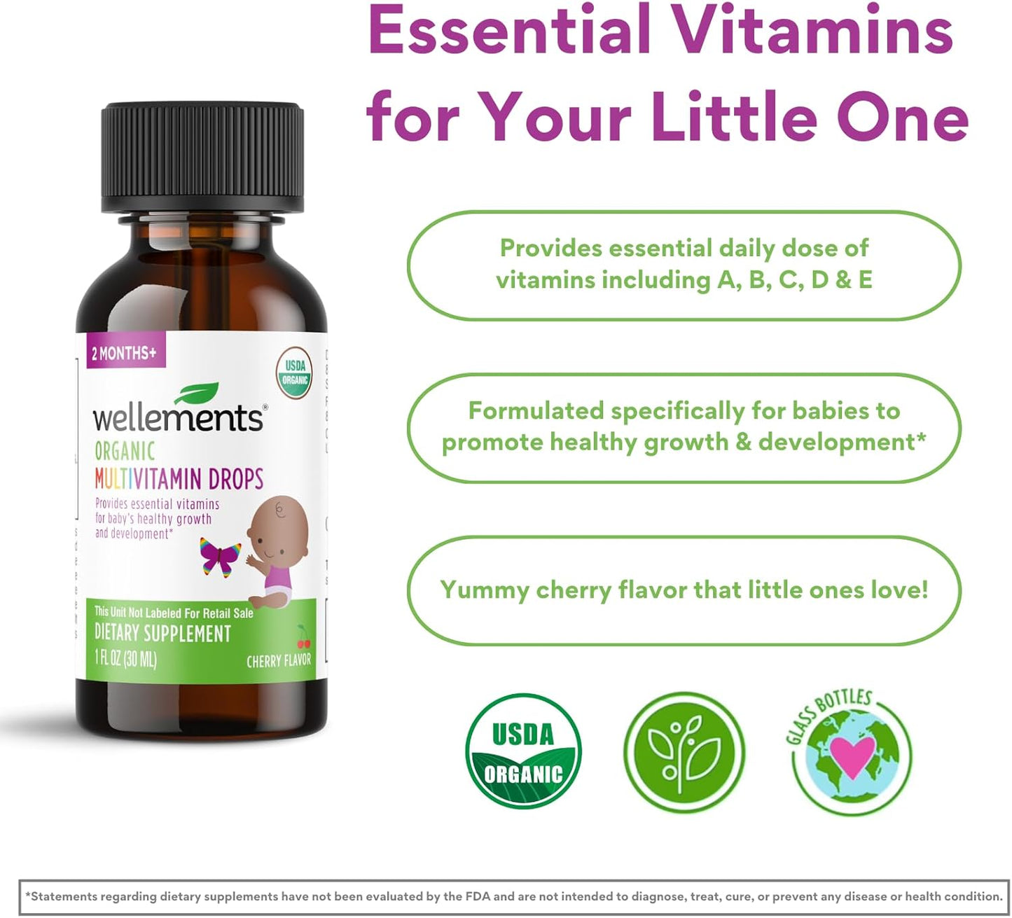 Wellements Organic Multivitamin Drops, 1 Fl Oz, Baby Liquid Vitamin Supplement for Infants & Toddlers, Provides Daily dose of Vitamins A,B,C,D & E.* No Artificial Colors or Unnecessary Preservatives