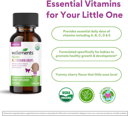 Wellements Organic Multivitamin Drops, 1 Fl Oz, Baby Liquid Vitamin Supplement for Infants & Toddlers, Provides Daily dose of Vitamins A,B,C,D & E.* No Artificial Colors or Unnecessary Preservatives