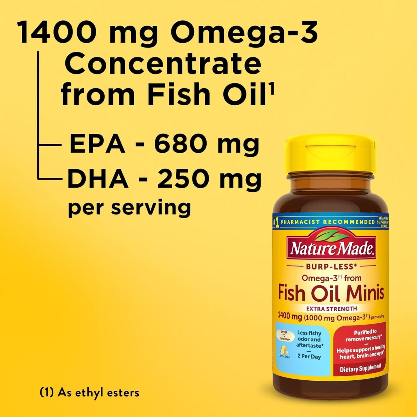 Nature Made Extra Strength Burp Less Omega 3 Fish Oil 1400 mg Minis, Fish Oil 60 Softgels